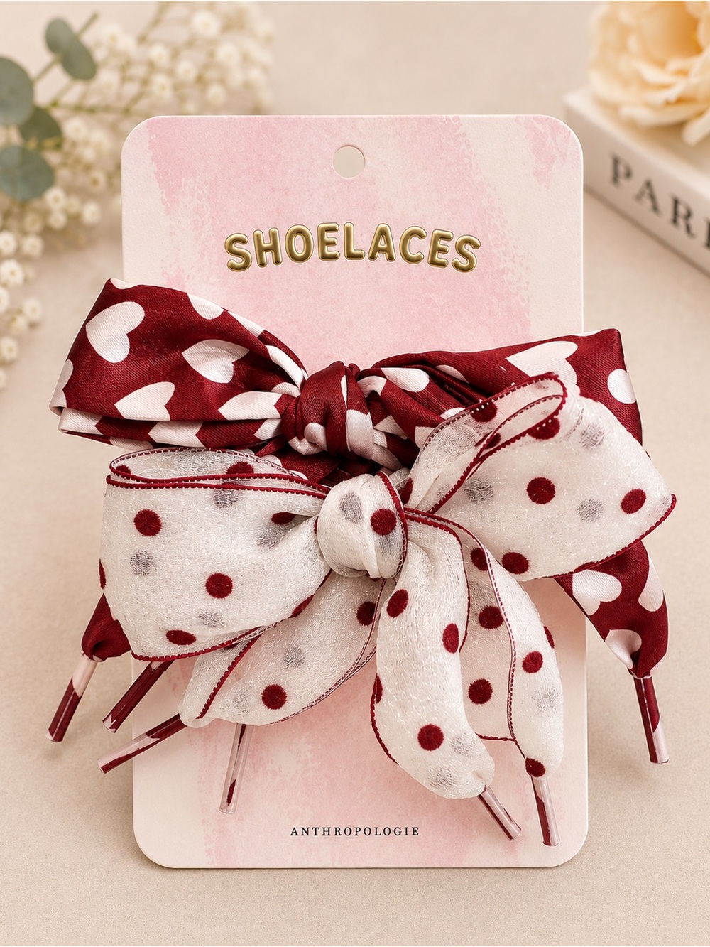 Anthropologie Kids' Maroon & White Heart and Polka Dot Bow Shoelaces